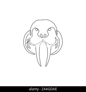 Un disegno a linea singola della grande testa di tricheco per l'identità del logo aziendale. Il concetto di mascotte di mammiferi marini Flippered per l'icona dello zoo nazionale. Moderno e continuo Illustrazione Vettoriale