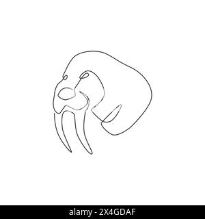 Un disegno a linea singola della grande testa di tricheco per l'identità del logo aziendale. Il concetto di mascotte di mammiferi marini Flippered per l'icona dello zoo nazionale. Moderno e continuo Illustrazione Vettoriale