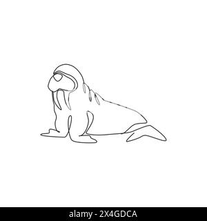 Disegno a linea continua di un grande e carino tricheco per l'identità del logo. Il concetto di mascotte animale delle regioni artiche per il circo mostra un'icona. Moderno disegno a una linea d Illustrazione Vettoriale