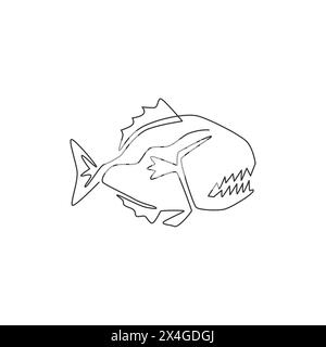 Un disegno continuo di piranha pericoloso per l'identità del logo. Il concetto della mascotte dei pesci mostruosi per l'icona pericolosa del fiume. Disegno a linea singola Illustrazione Vettoriale
