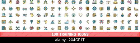 set di 100 icone di addestramento. Linea di colori Set di icone vettoriali di addestramento linea sottile colore piatto su bianco Illustrazione Vettoriale