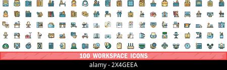 set di 100 icone dell'area di lavoro. Set di linee di colore delle icone vettoriali dell'area di lavoro linee sottili con colore piatto su bianco Illustrazione Vettoriale