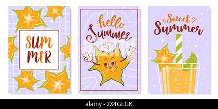 Ciao estate. Set di schede, banner. Carambola alla moda, carino personaggio dei cartoni animati retrò. Succo fresco. Groovy, vintage. Vecchio stile alla moda. Esodo tropicale degli anni '1970 Illustrazione Vettoriale