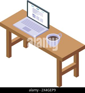 Icona del laptop sul tavolo da tavolo vettore isometrico. Lavorare con la tazza di caffè. Ufficio domestico Illustrazione Vettoriale