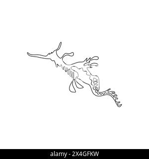 Un disegno a linea continua di grazioso drago dal frondoso per l'identità del logo acquatico. Concetto di mascotte animale mimetico per l'icona della mostra mondiale del mare. Camera singola moderna Illustrazione Vettoriale