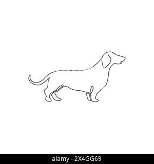 Un disegno continuo di adorabile dachshund dog per l'identità del logo. Mascotte per cani di razza pura per un'icona che ammette animali domestici. Moderna rete lin singola Illustrazione Vettoriale