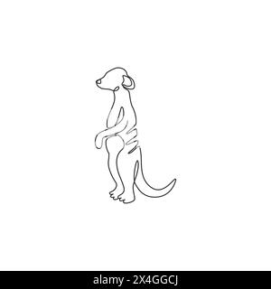 Un disegno su una sola riga di divertente meerkat per l'identità del logo aziendale. Il concetto di mascotte delle scimmie carnivore per l'icona del parco safari nazionale. conti moderni Illustrazione Vettoriale