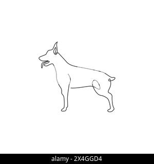 Un unico disegno continuo di un cane doberman per l'identità del logo aziendale di sicurezza. Mascotte per cani di razza pura per un'icona che ammette animali domestici. Illustrazione Vettoriale