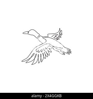 Disegno su una sola linea di adorabile anatra volante per l'identità del logo aziendale. Concetto di mascotte di anatra di bellezza per l'icona della zootecnia. Moderno Illustrazione Vettoriale