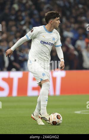 Leonardo Balerdi di Marsiglia durante la UEFA Europa League, semifinali, partita di calcio di 1a tappa tra Olympique de Marseille (OM) e Atalanta Bergame il 2 maggio 2024 allo stadio Velodrome di Marsiglia, Francia Foto Stock