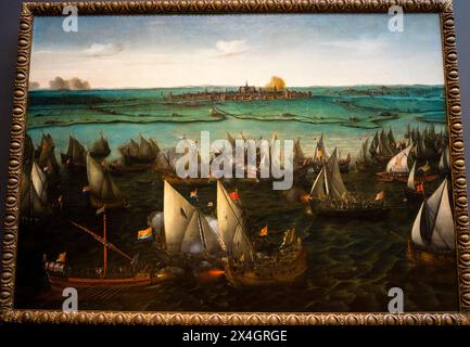 Battaglia nel 1573 tra le navi olandesi e spagnole a bordo di Haarlemmermeer, Hendrick Cornelisz Vroom, Rijksmuseum, Amsterdam, Paesi Bassi. Foto Stock