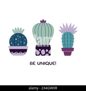 Set di cactus in fiore, succulenti in pentole. Carino cactus dei cartoni animati. Stile doodle, design piatto. Scandinavo, stile boho. Cartolina vettoriale. Piante esotiche e tropicali, arredi per la casa. Essere uno slogan unico Illustrazione Vettoriale