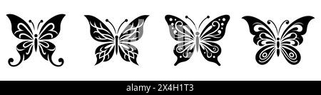 Set di icone a farfalla. Farfalla nera di diverse forme con design grafico piatto. Illustrazione vettoriale Illustrazione Vettoriale