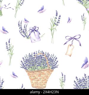 Lavanda e farfalle senza cuciture. Bouquet di fiori viola in cesti di vimini. Sfondo per illustrazione disegnato a mano con motivo floreale ad acquerello Foto Stock