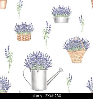 Motivo senza cuciture lavanda. Bouquet di fiori viola in pentole e cesti. Acquerello sfondo illustrato a mano con piante floreali stilizzato te Foto Stock