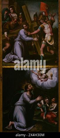 Cristo che cade sulla strada per il Calvario e preghiera nel Giardino. Episodi della passione raffigurati all'interno delle porte di un trittico devozionale. Scuola Toledan. Attribuito a Luis de Velasco (1530-1606) e a suo figlio Cristóbal de Velasco (1617). Olio sul pannello, ultimo quarto del XVI secolo. Museo di Santa Cruz. Toledo. Spagna. Foto Stock