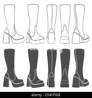 Set di stivali da donna retrò in bianco e nero. Oggetti vettoriali isolati su sfondo bianco. Illustrazione Vettoriale