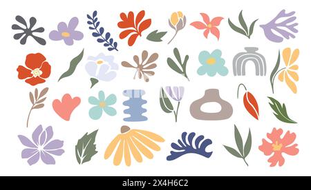 Set di elementi floreali, fiori, foglie Illustrazione Vettoriale