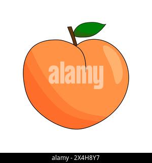 Pesca matura con foglia, icona del cartone animato isolata su bianco, illustrazione vettoriale della frutta estiva Illustrazione Vettoriale