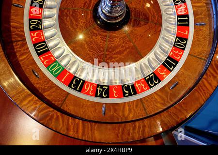 Guardando verso il basso su una ruota roulette in stile americano Cammegh Mercury 360 con un'ulteriore doppia tasca zero, aumentando le probabilità a favore del casinò. Foto Stock