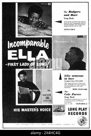 Circa 1957 – un annuncio pubblicitario della E.M.I. Records Ltd intitolato “Incomparable Ella – First Lady of Song!”, promuovendo i dischi jazz Long Play di Ella Fitzgerald pubblicati con l'etichetta "His Masters Voice". I dischi presenti sono "Ella Fitzgerald Sings the Rodgers & Hart Song Book", "Like Someone in Love" e "Ella Fitzgerald Sings the Cole Porter Song Book". Foto Stock