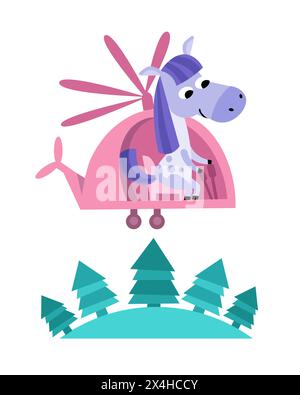 Carino cavallo in elicottero su sfondo bianco. Personaggio dei cartoni animati. Trasporto e animali. Illustrazione vettoriale. Illustrazione Vettoriale