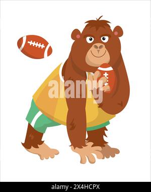 Carino gorilla che gioca a rugby. Pallone sportivo. Illustrazione isolata del cartone animato vettoriale su sfondo bianco. Divertente scimmia animaletto in tuta per il design. Illustrazione Vettoriale