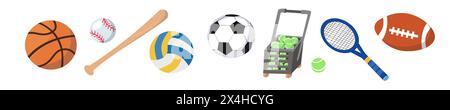 Set di palle, attrezzatura per lo sport. Racchetta da tennis, cestino, mazza da baseball. Illustrazioni vettoriali isolate su sfondo bianco. Oggetti per la progettazione. Illustrazione Vettoriale