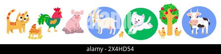 Cartoni animati di animali in fattoria per il design. Illustrazione dei caratteri isolati sullo sfondo. Immagine vettoriale per libri, cartelle di lavoro, schede. Illustrazione Vettoriale