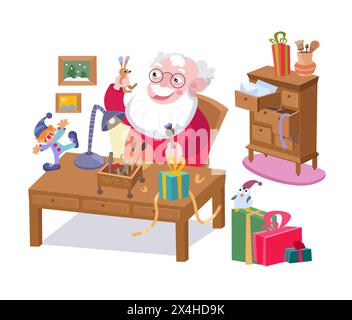 Il carino Babbo Natale fa regali per i bambini. Laboratorio di Babbo Natale. Vacanze natalizie invernali. Illustrazione di un cartone animato vettoriale. Illustrazione Vettoriale