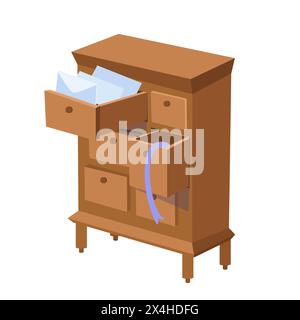 Armadio in legno marrone con cassetti. Illustrazione di un cartone animato vettoriale. Mobili per interni. Illustrazione Vettoriale