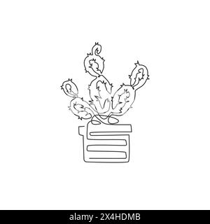 Un disegno continuo di una graziosa pianta di cactus spinoso tropicale in vaso. Impianto domestico decorativo stampabile per decorazioni per la casa, ornamenti di carta da parati. M Illustrazione Vettoriale