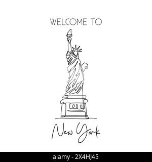 Una linea continua che disegna la Statua della libertà. Luogo storico iconico a New York, Stati Uniti. Arredamento per le vacanze, arte da parete, stampa poster. Mo Illustrazione Vettoriale