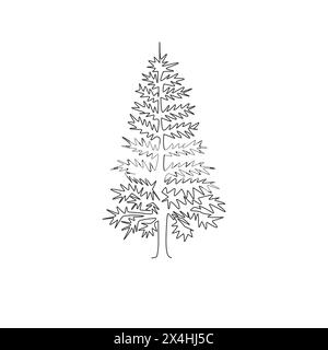 Disegno a linea singola continua di bellezza ed esotico pino. pinus decorativo per cartolina di auguri. Concetto di vacanza in un luogo di bellezza. Moderno Illustrazione Vettoriale