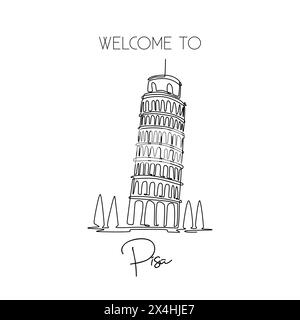 Disegno su una sola linea della Torre di Pisa magra. Bellissimo luogo storico iconico in Piazza del Duomo. Stampa poster per cartoline e decorazioni per la casa. Modalità Illustrazione Vettoriale