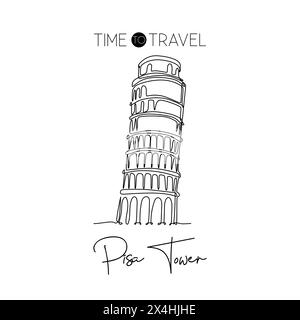 Un disegno a linea continua della torre di Pisa. Bellissimo luogo storico iconico in Piazza del Duomo. Decorazioni per la casa, stampa di poster artistici. Si moderna Illustrazione Vettoriale