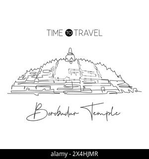 Una linea singola che disegna il tempio di Candi Borobudur. Simbolo mondiale in Indonesia. Turismo viaggio cartolina casa decorazione parete arte poster stampa. Moderno c Illustrazione Vettoriale