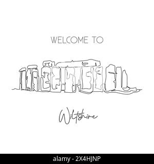 Linea singola continua che traccia il punto di riferimento preistorico di Stonehenge. Famoso vecchio posto nel Wiltshire, Inghilterra. World Travel Home Art decor parete stampa poster c Illustrazione Vettoriale