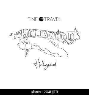 Depok, Indonesia - 2 agosto 2019: Un disegno continuo dell'insegna di Hollywood. Luogo iconico del mondo in California, Stati Uniti. Vacanza wal Illustrazione Vettoriale