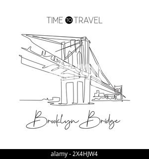 Una linea singola che disegna il punto di riferimento del Ponte di Brooklyn. Luogo famoso in tutto il mondo a New York, Stati Uniti. Turismo da viaggio cartolina decorazione murale casa poster d'arte. Moderno Illustrazione Vettoriale