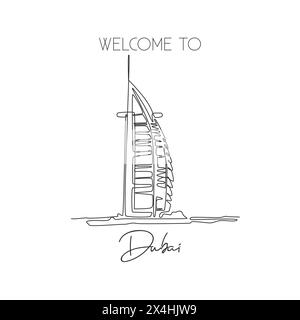 Depok, Indonesia - 2 agosto 2019: Una sola linea che disegna il monumento Burj al Arab. Luogo famoso in tutto il mondo a Dubai, Emirati Arabi Uniti. Cartolina di viaggio turistica e. Illustrazione Vettoriale