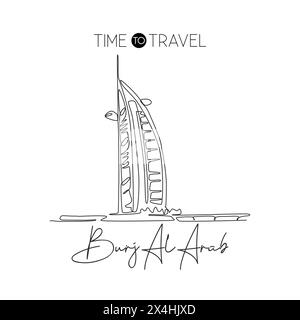 Depok, Indonesia - 1 agosto 2019: Disegno a linea singola continua di benvenuto al Burj al Arab. Dubai, famosa località degli Emirati Arabi Uniti. Casa Illustrazione Vettoriale