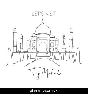 Una linea singola che disegna il monumento della moschea Taj Mahal. Luogo iconico del mondo ad Agra, India. Turismo viaggio cartolina decorazione murale casa arte poster concetto. Modalità Illustrazione Vettoriale