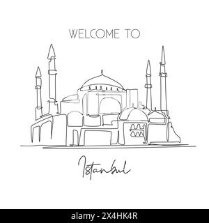 Una linea singola che disegna Hagia Sophia o il museo Aya Sofia. Luogo famoso in Turchia. Turismo Travel wall decor stampa poster cartolina concetto. Moder Illustrazione Vettoriale