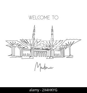 Una linea singola che disegna il punto di riferimento di Masjid al Nabawi. Famoso santo iconico a Medina in Arabia Saudita. Hajj umrah Travel wall decor poster stampa concept. Moderno Illustrazione Vettoriale