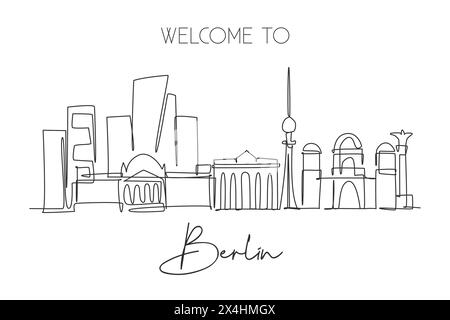 Una linea continua che disegna lo skyline di Berlino. Splendido paesaggio cittadino dei grattacieli. World home decor parete arte poster arte turismo turismo vacanza con Illustrazione Vettoriale