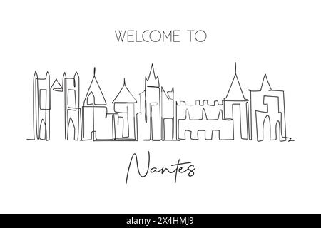 Un disegno continuo dello skyline di Nantes, Francia. Bellissimo grattacielo cittadino. Turismo paesaggistico mondiale viaggio arredamento murale poster art concept. S Illustrazione Vettoriale