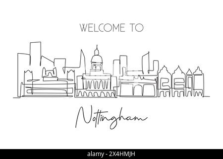 Una linea singola che disegna lo skyline di Nottingham. Il paesaggio storico dei grattacieli della città nel mondo. La migliore destinazione per le vacanze, arredamento a parete, design artistico. Illustrazione Vettoriale