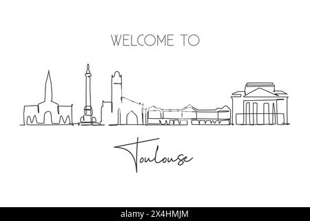Un disegno continuo dello skyline di Tolosa, Francia. Bellissimo grattacielo da cartolina. Mondo paesaggio turismo viaggio vacanza parete decor poster Illustrazione Vettoriale