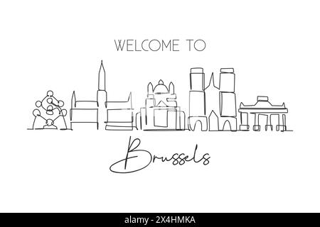 Un disegno su una sola linea dello skyline di Bruxelles, Belgio. Il paesaggio storico dei grattacieli nel mondo. La migliore destinazione per le vacanze con decorazioni a parete. Alla moda Illustrazione Vettoriale